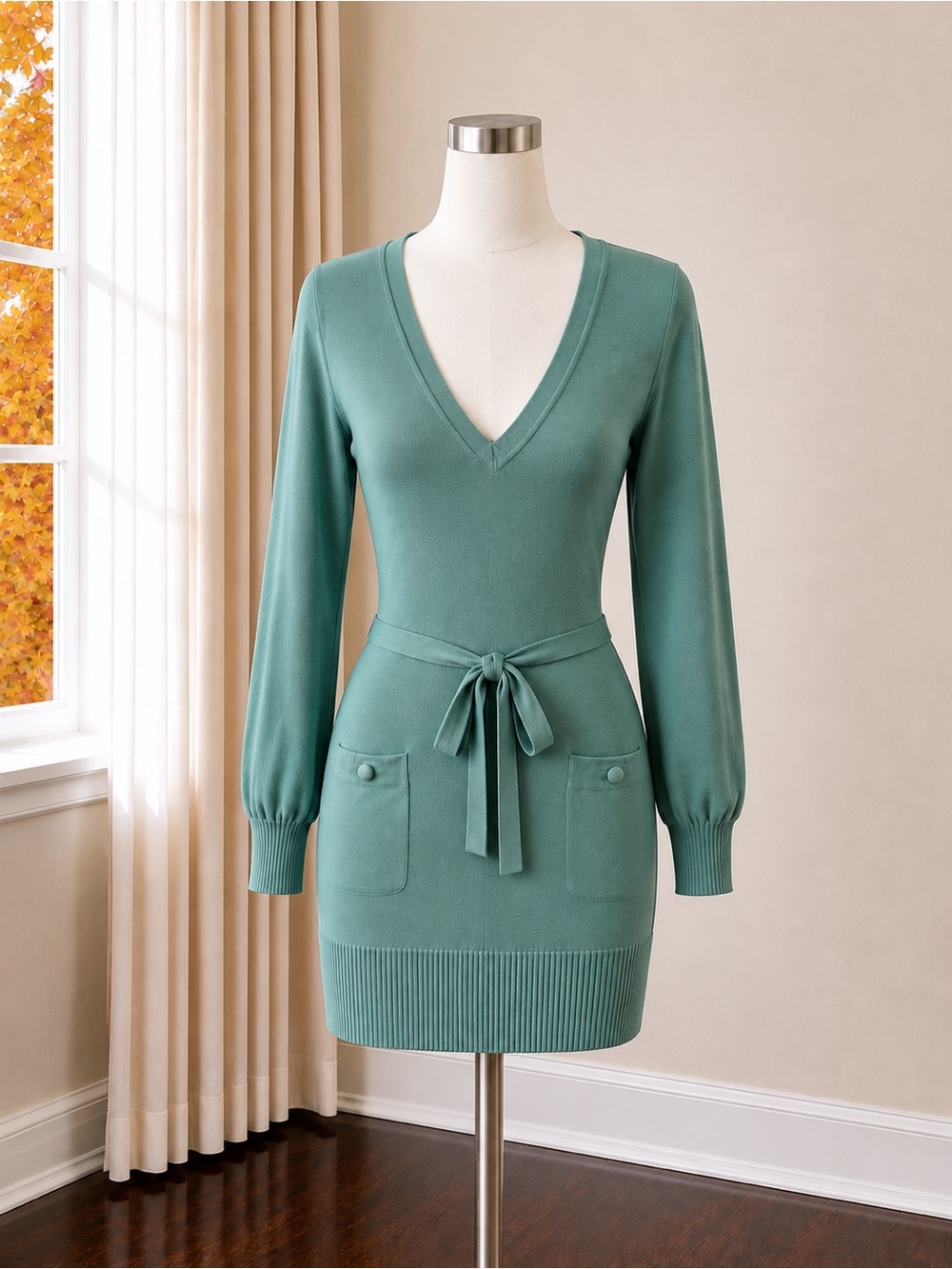 V-Neck Knit Tie-Waist Silk Dress in Teal